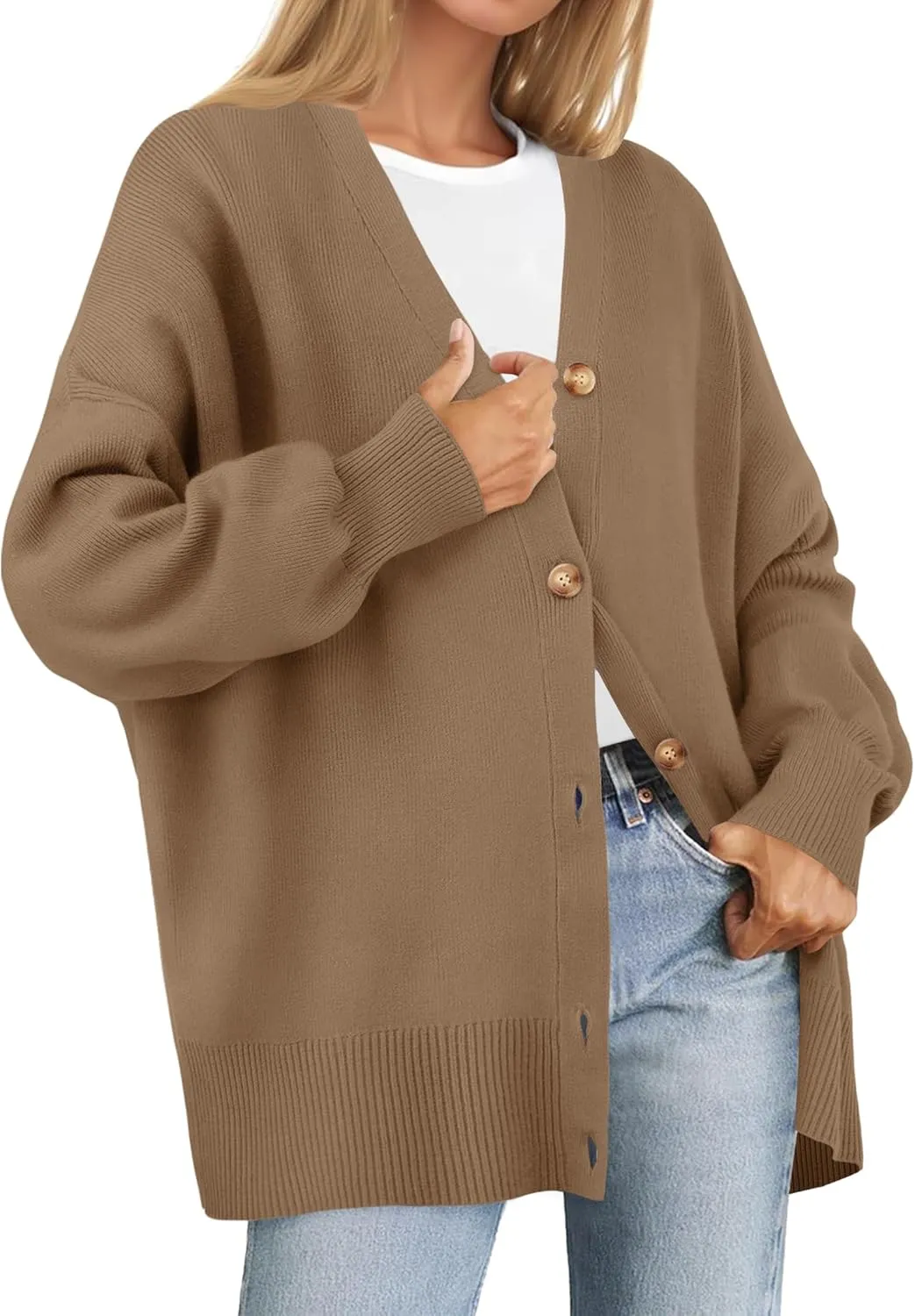 ZESICA Women's Casual Long Sleeve Cardigan V Neck Button Down Open Front Knit Loose Oversized Sweater Coat