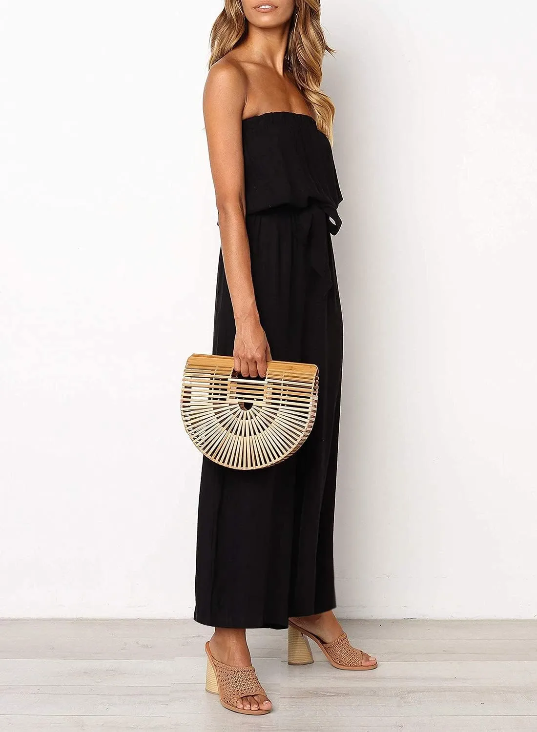 ZESICA Women's Casual Off Shoulder Solid Color Strapless Belted Wide Leg Jumpsuit Romper
