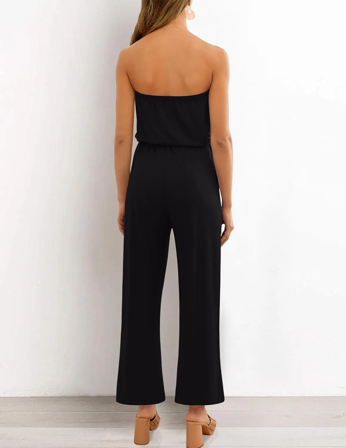 ZESICA Women's Casual Off Shoulder Solid Color Strapless Belted Wide Leg Jumpsuit Romper