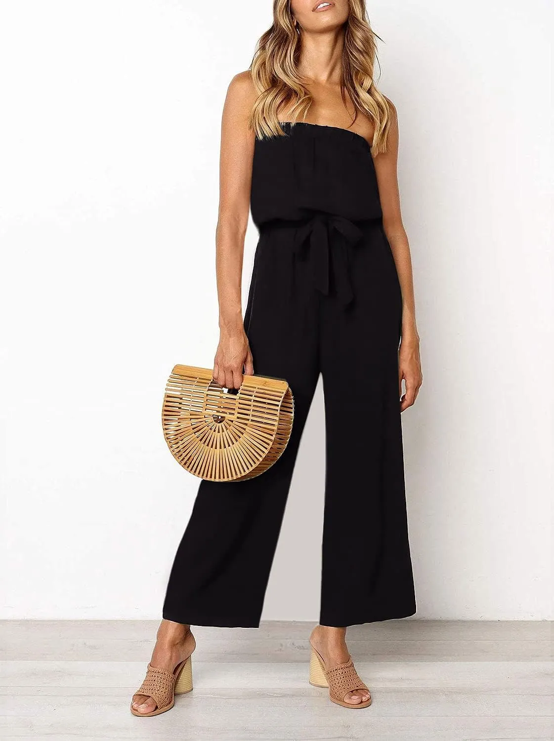 ZESICA Women's Casual Off Shoulder Solid Color Strapless Belted Wide Leg Jumpsuit Romper