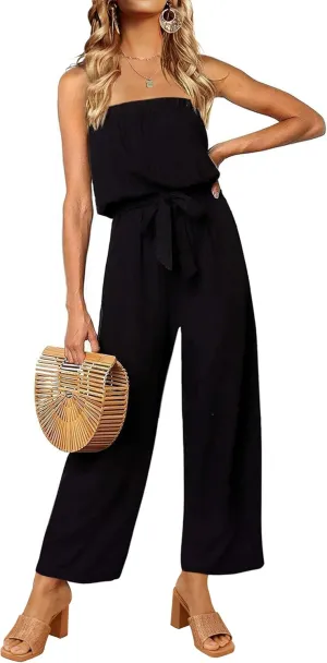 ZESICA Women's Casual Off Shoulder Solid Color Strapless Belted Wide Leg Jumpsuit Romper