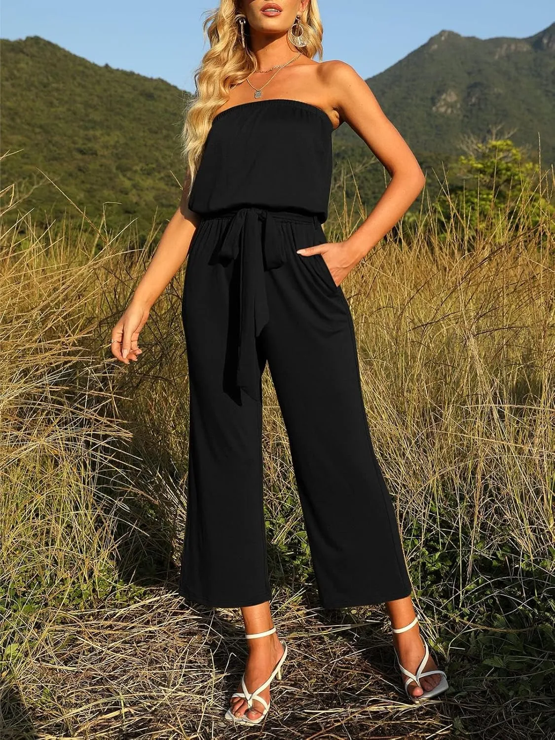 ZESICA Women's Casual Off Shoulder Solid Color Strapless Belted Wide Leg Jumpsuit Romper