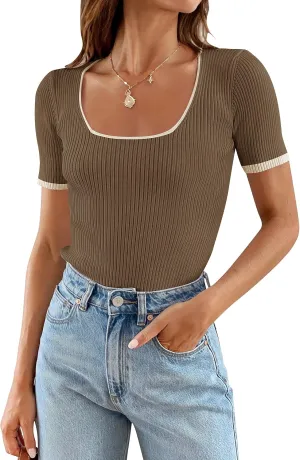 ZESICA Women's Short Sleeve Square Neck Color Block T Shirt 2025 Summer Slim Fit Ribbed Knit Basic Tee Tops