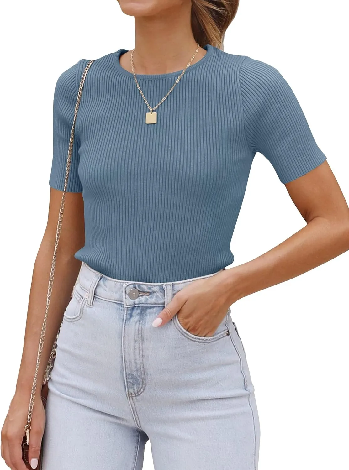 ZESICA Women's Short Sleeve Sweater Tops 2025 Summer Crewneck T Shirt Ribbed Knit Slim Fit Basic Solid Color Tee