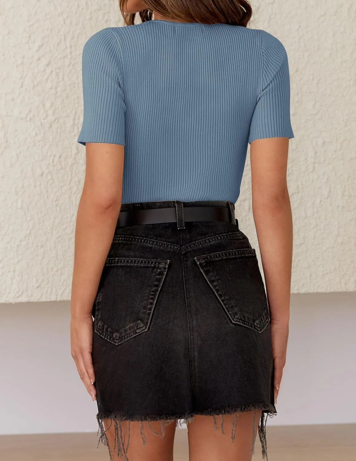 ZESICA Women's Short Sleeve Sweater Tops 2025 Summer Crewneck T Shirt Ribbed Knit Slim Fit Basic Solid Color Tee