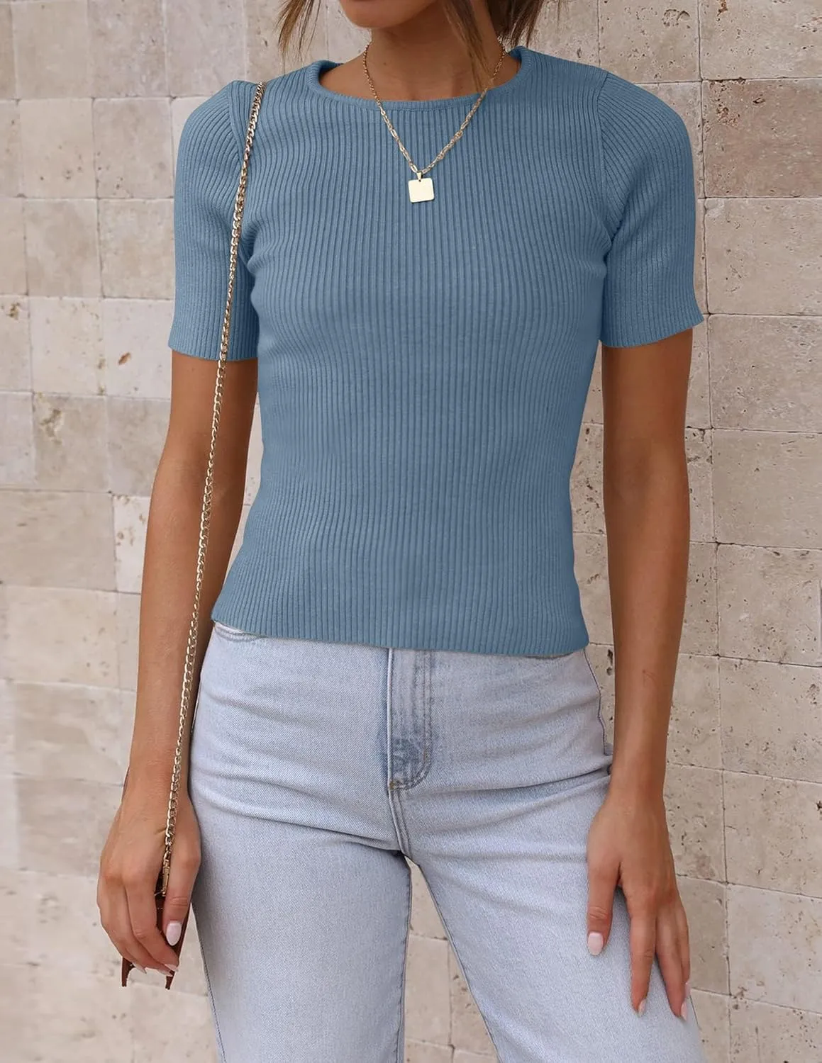 ZESICA Women's Short Sleeve Sweater Tops 2025 Summer Crewneck T Shirt Ribbed Knit Slim Fit Basic Solid Color Tee