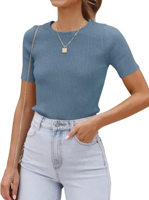 ZESICA Women's Short Sleeve Sweater Tops 2025 Summer Crewneck T Shirt Ribbed Knit Slim Fit Basic Solid Color Tee