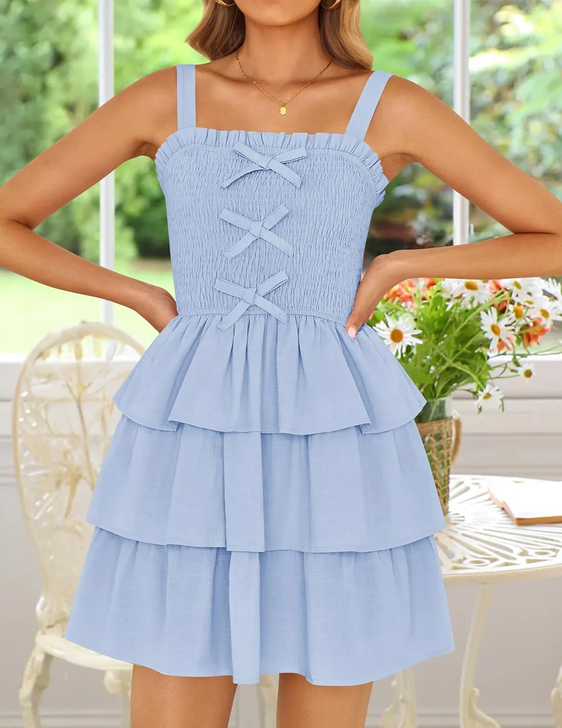 ZESICA Women's Summer Sleeveless Ruffle Tiered Layered Mini Dresses 2025 Square Neck Smocked Short Beach Sundress