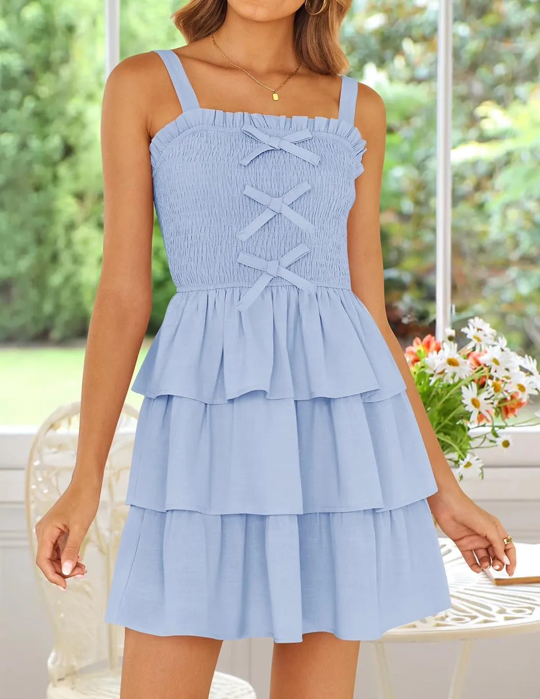 ZESICA Women's Summer Sleeveless Ruffle Tiered Layered Mini Dresses 2025 Square Neck Smocked Short Beach Sundress