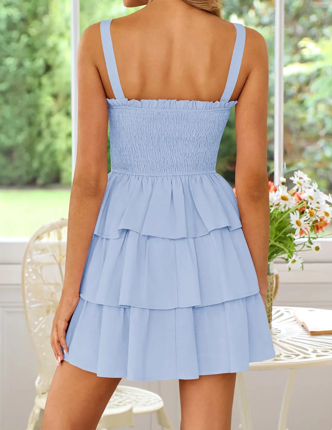 ZESICA Women's Summer Sleeveless Ruffle Tiered Layered Mini Dresses 2025 Square Neck Smocked Short Beach Sundress