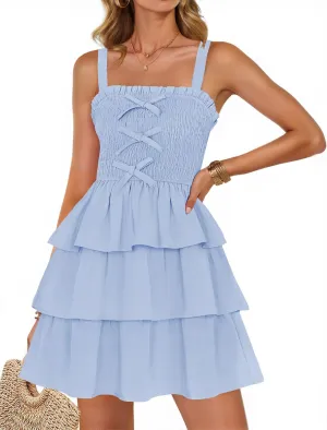 ZESICA Women's Summer Sleeveless Ruffle Tiered Layered Mini Dresses 2025 Square Neck Smocked Short Beach Sundress