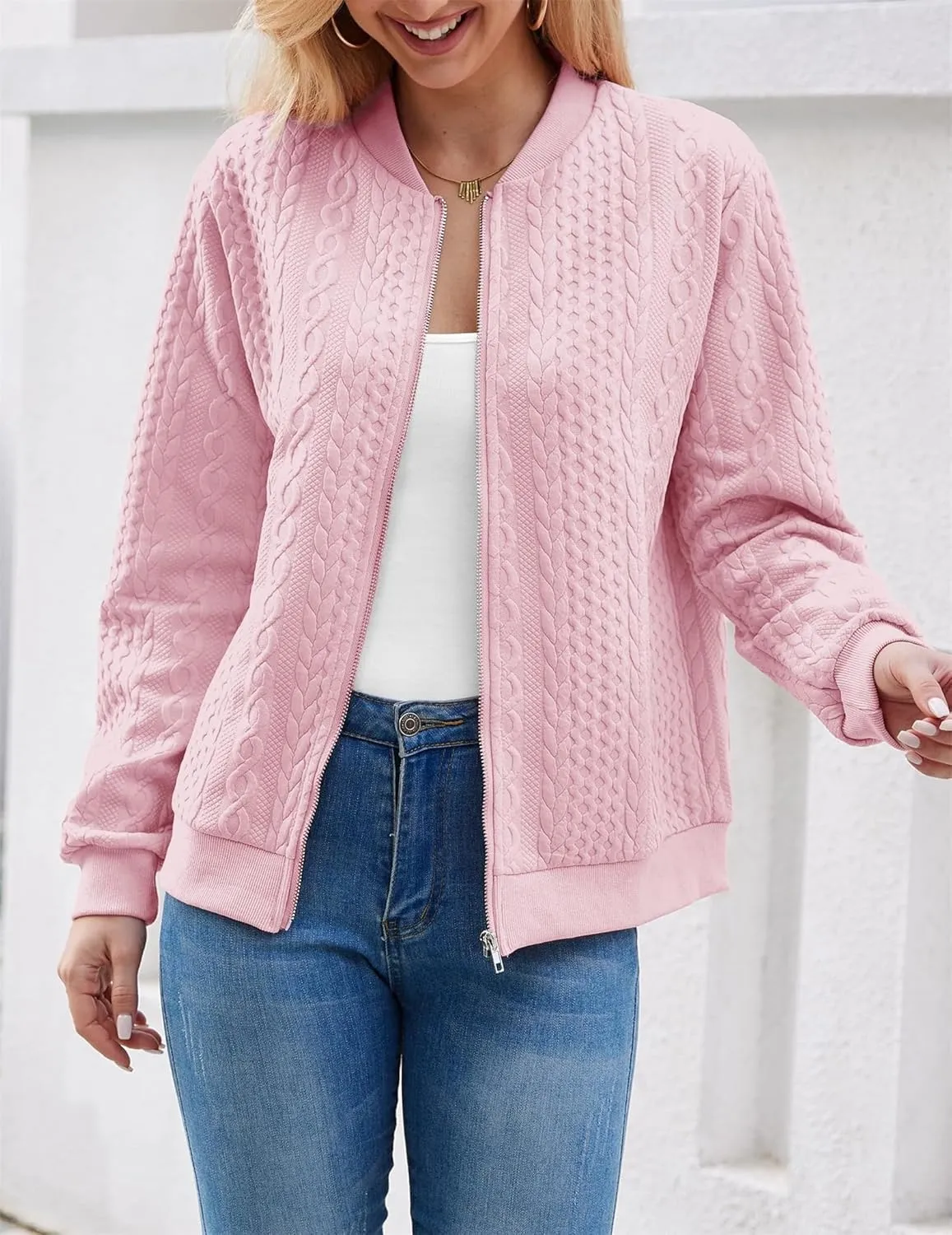 Zip Up Cardigan Sweaters for Women 2024 Fall Trendy Crew Neck Long Sleeve Casual Lightweight Cable Knit Jacket Coat