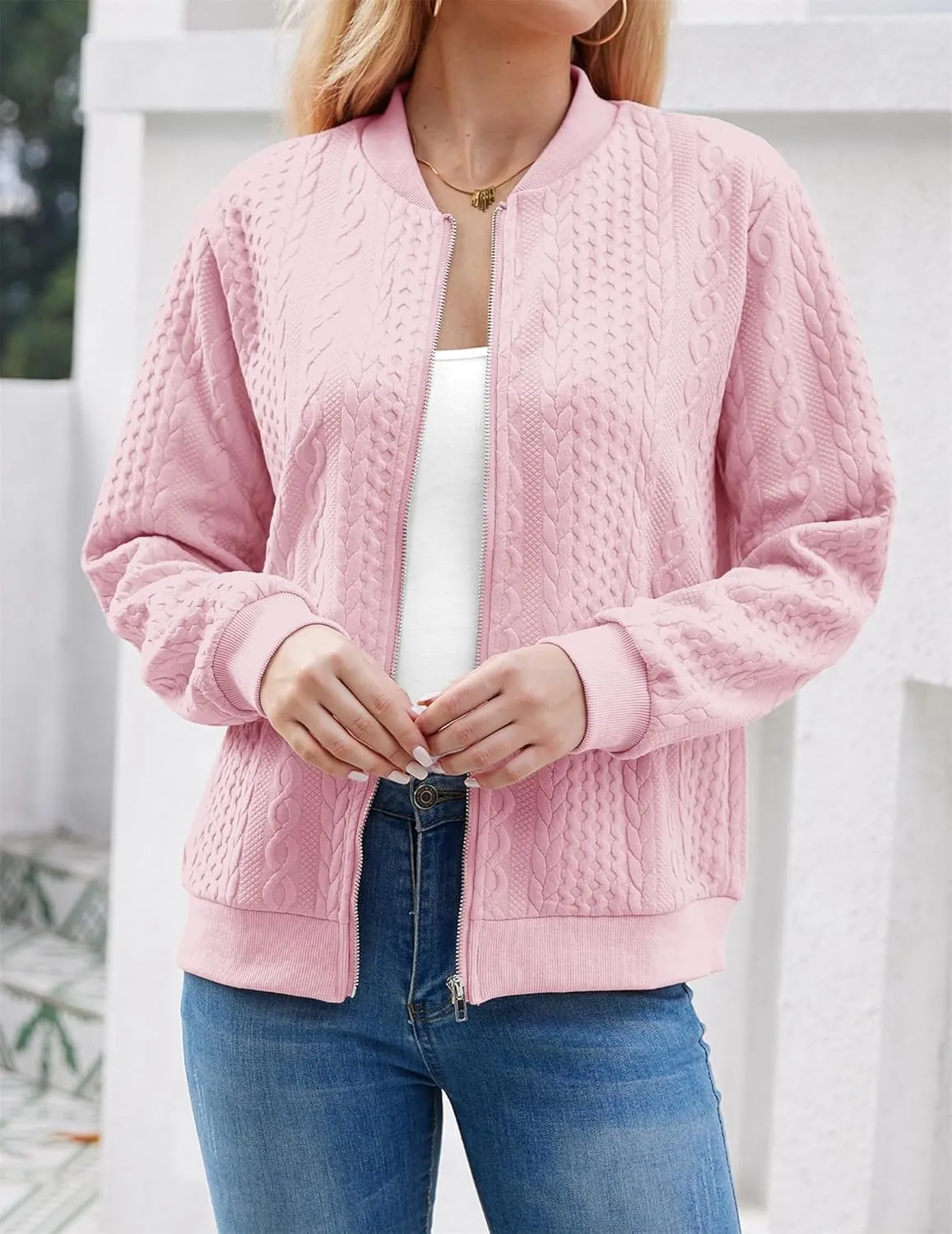 Zip Up Cardigan Sweaters for Women 2024 Fall Trendy Crew Neck Long Sleeve Casual Lightweight Cable Knit Jacket Coat