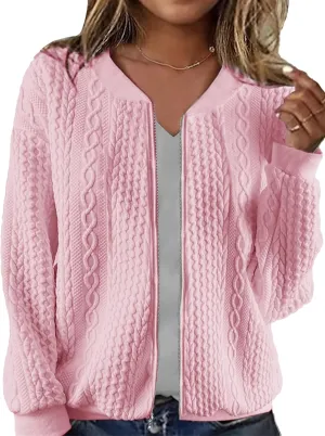 Zip Up Cardigan Sweaters for Women 2024 Fall Trendy Crew Neck Long Sleeve Casual Lightweight Cable Knit Jacket Coat