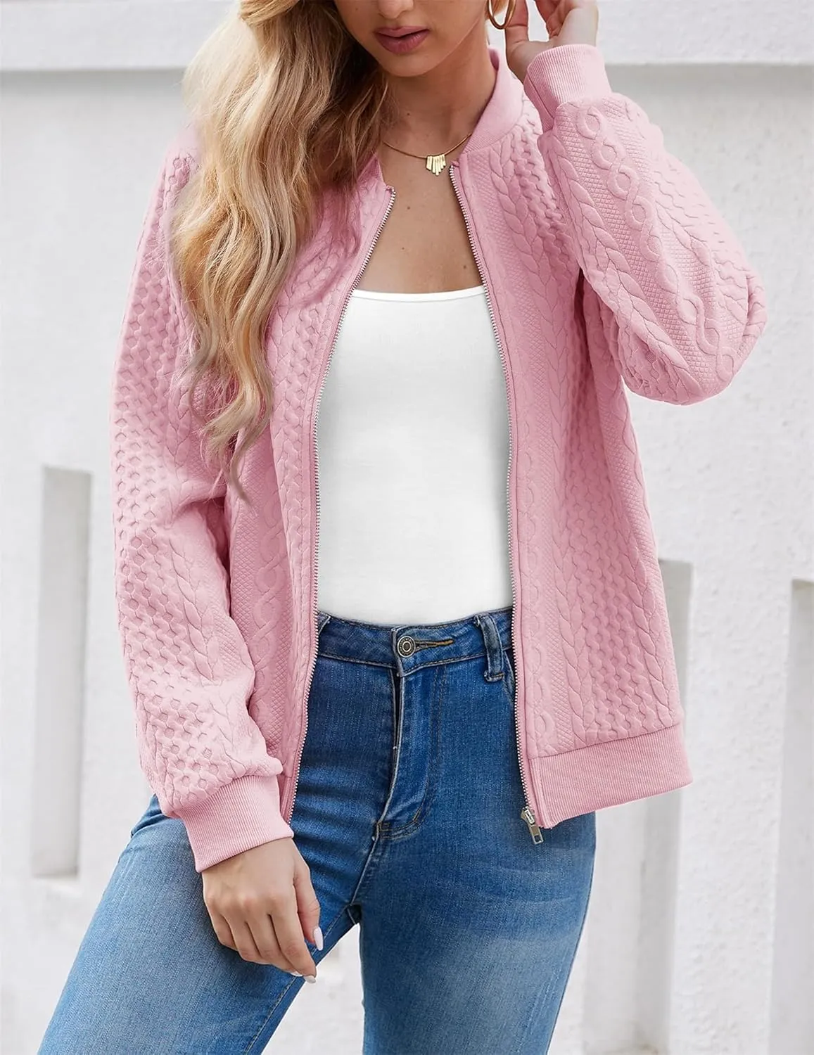 Zip Up Cardigan Sweaters for Women 2024 Fall Trendy Crew Neck Long Sleeve Casual Lightweight Cable Knit Jacket Coat