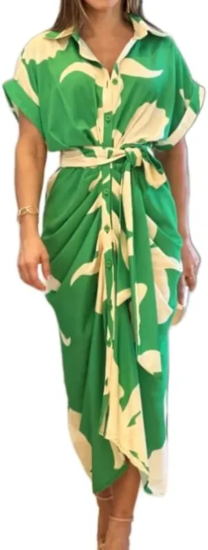 ZOCAVIA Women's Boho Floral Maxi Shirt Dress Elegant Work Wrap Summer Dress V Neck Button Dress with Belt