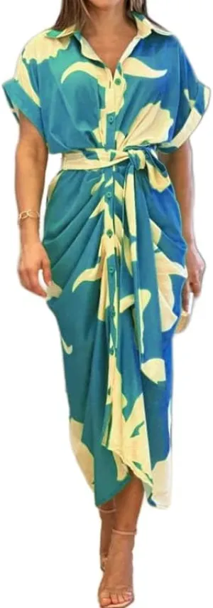 ZOCAVIA Women's Boho Floral Maxi Shirt Dress Elegant Work Wrap Summer Dress V Neck Button Dress with Belt