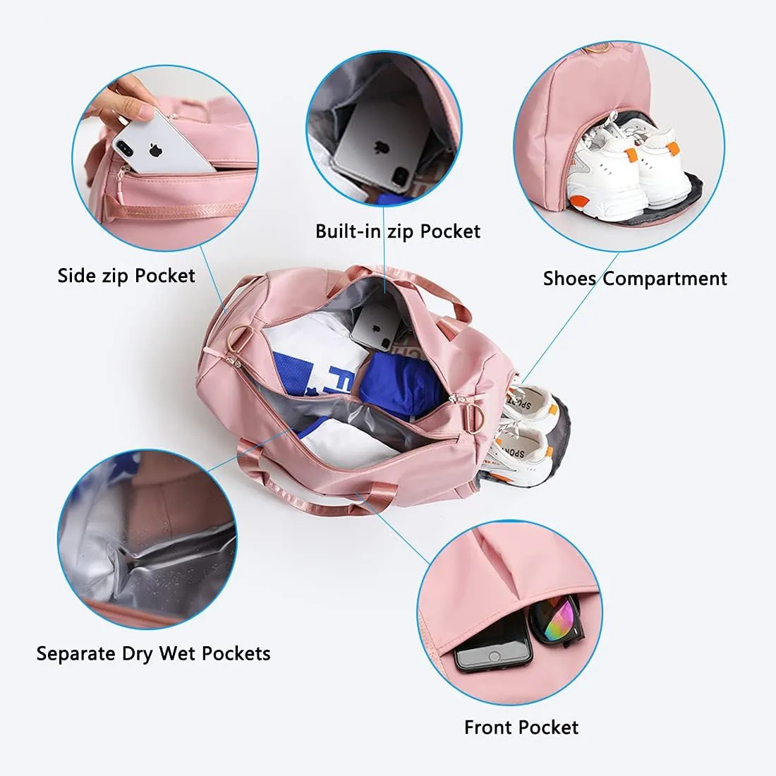 ZUEVI Sports Gym Duffel Bag for Men or Women Waterproof Weekender Travel Bag with Shoes Compartment Dry and Wet Separation for Training Swim Yoga, Pink, Gym Bag
