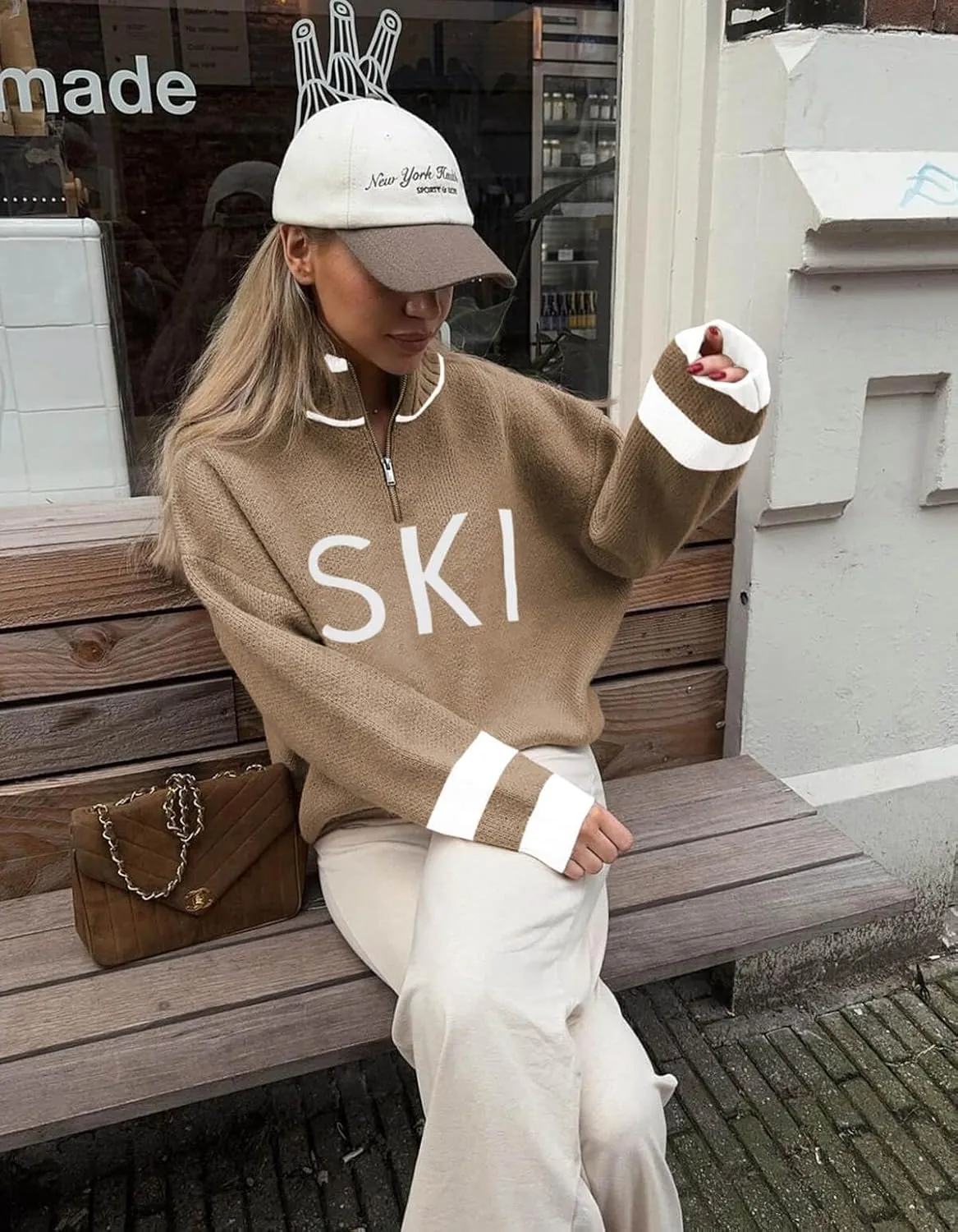 Zwurew Women's Ski Sweater 2024 Quarter Zip Color Block Striped Slouchy Long Sleeve Knitted Pullover Jumper Tops