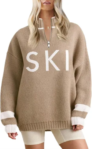 Zwurew Women's Ski Sweater 2024 Quarter Zip Color Block Striped Slouchy Long Sleeve Knitted Pullover Jumper Tops